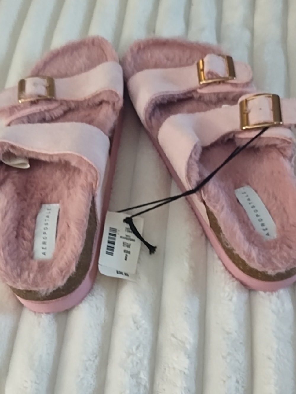 AEROSOLES Blush Pink Fuzzy Slide Sandals with Gold Buckles
